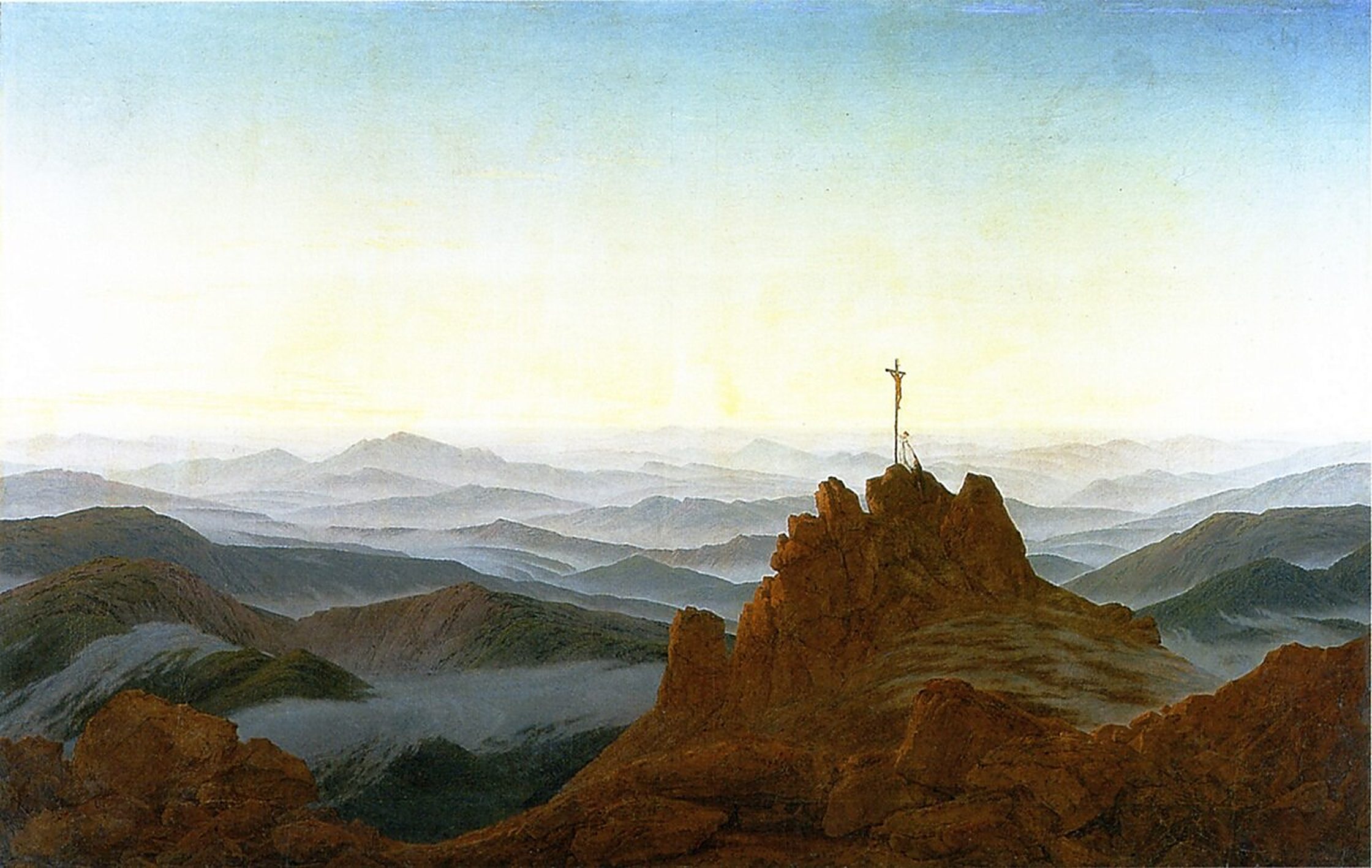Pintura de uma cruz no alto de um rochedo, sobre montanhas ao amanhecer.